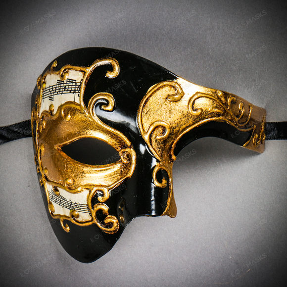 Phantom Of Opera Musical Masquerade Venetian Men Full Mask - Black Gold - Picture 2 of 10